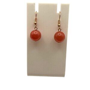 Vintage Red Coral Bead Dangle Earrings | Gold Tone Hook Earrings | Minimalist Dr